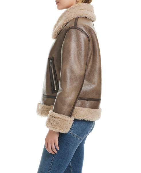 Women's Single-Breasted Faux Leather + Faux Sherpa Bonded Jacket