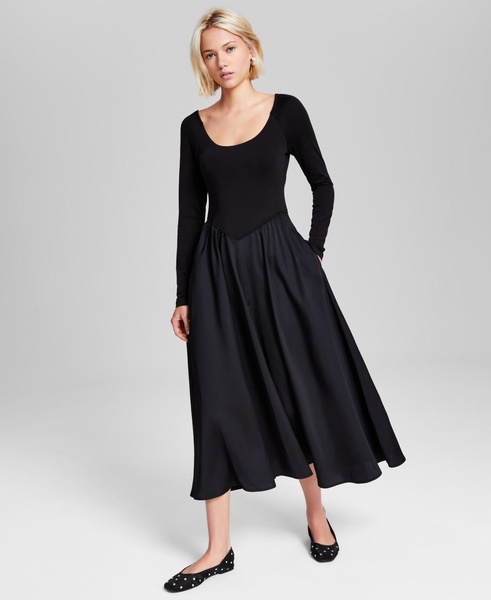 Women’s Mixed Media A-Line Long-Sleeve Dress, Created for Macy’s 