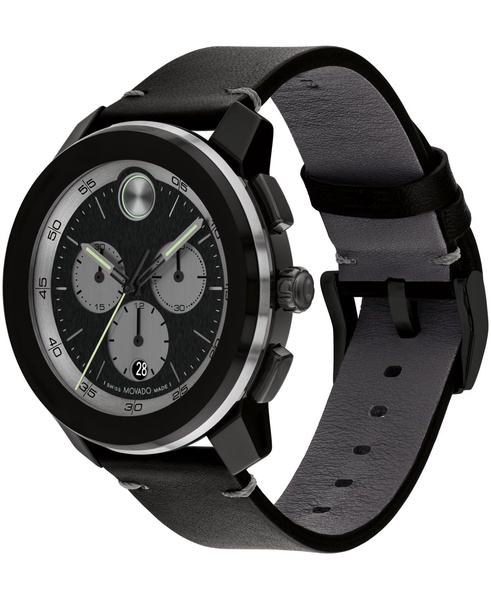 Men's Bold TR90 Swiss Quartz Chronograph Black Leather Watch 44mm