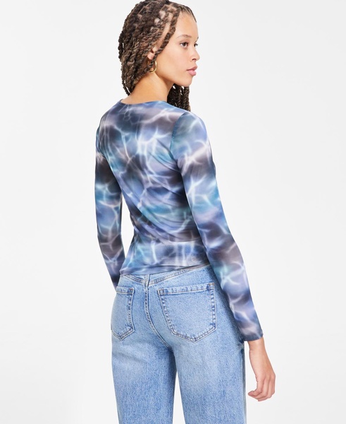 Women's Printed Long-Sleeve Ruched Mesh Top, Exclusively at Macy's