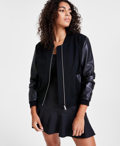 Women's Ponte-Knit Faux-Leather Bomber Jacket, Created for Macy's