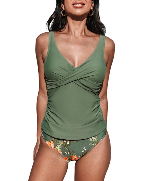 Women's Wrapped Tankini Top & Tropical Mid-Rise Bottoms Set