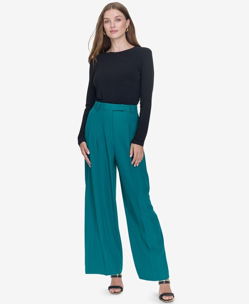 Women's Double-Pleated Mid-Rise Wide-Leg Pants