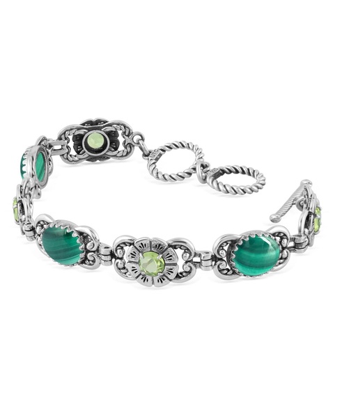 Sterling Silver Malachite Peridot Concha Link Bracelet, Size Large