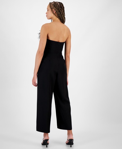 Women's Strapless Feather-Trim Jumpsuit 