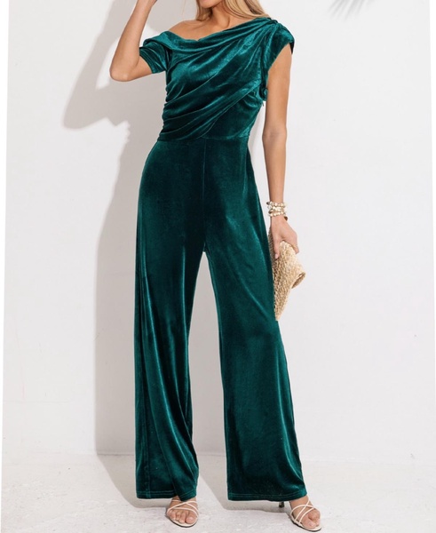 Women's Velvet One-Shoulder Wide-Leg Jumpsuit