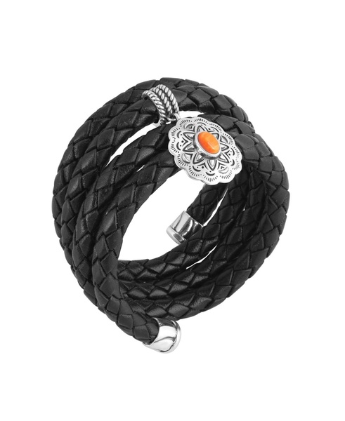 Sterling Silver Orange Spiny Oyster Concha Braided Leather Wrap Bracelet, One Size Fits Most