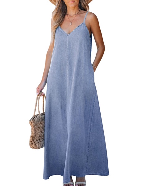 Women's Denim V-Neck Sleeveless Maxi Beach Dress