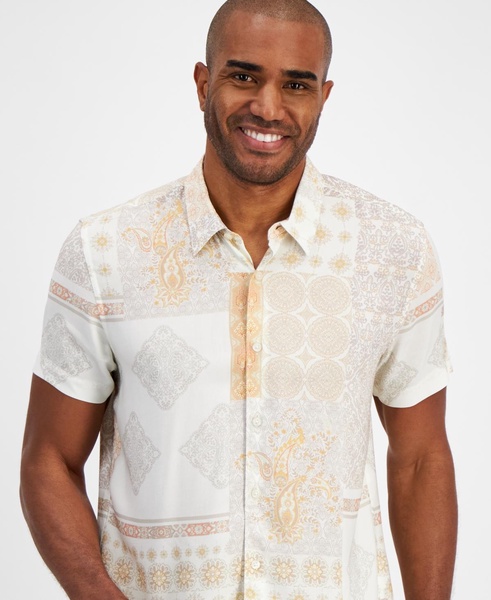 Men's Short Sleeve Button-Front Patchwork Print Shirt