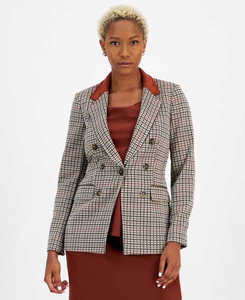 Women's Plaid Contrast-Collar Faux-Double-Breasted Blazer, Created for Macy's 