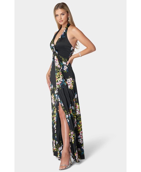 Women's Print Satin Pleat Maxi Dress