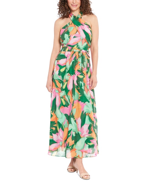 Women's Floral-Print Wrap-Neck Tie-Front Halter Maxi Dress