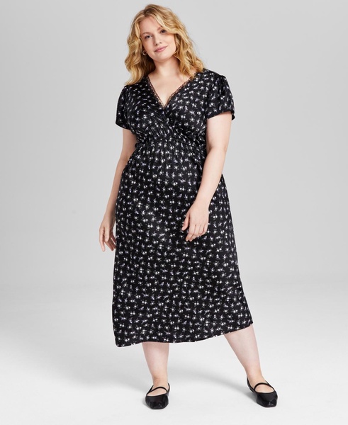 Trendy Plus Size Lace-Trim Satin Floral Midi Dress, Created for Macy's