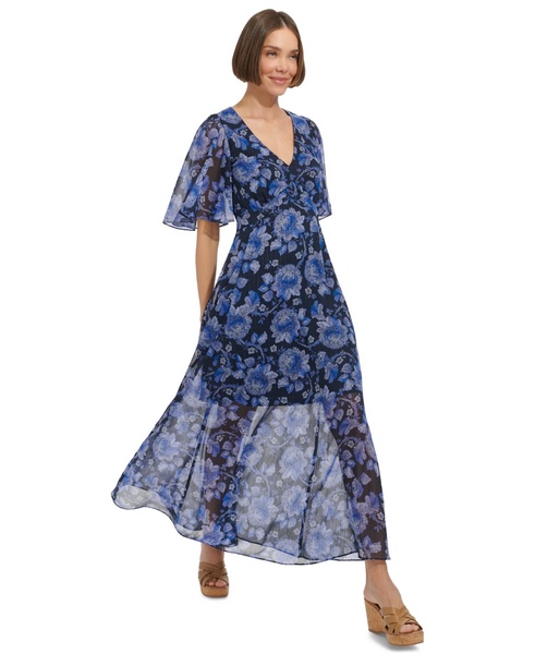 Women's Floral Flutter-Sleeve Maxi Dress