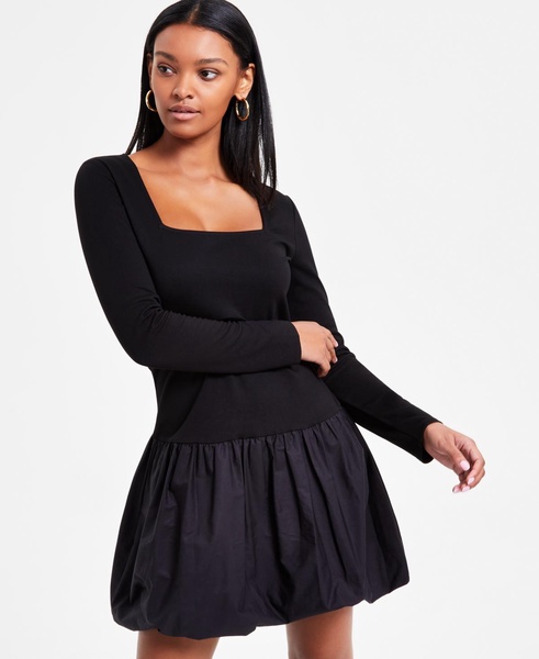 Women's Mixed Media Long-Sleeve Bubble-Hem Dress, Exclusively at Macy's