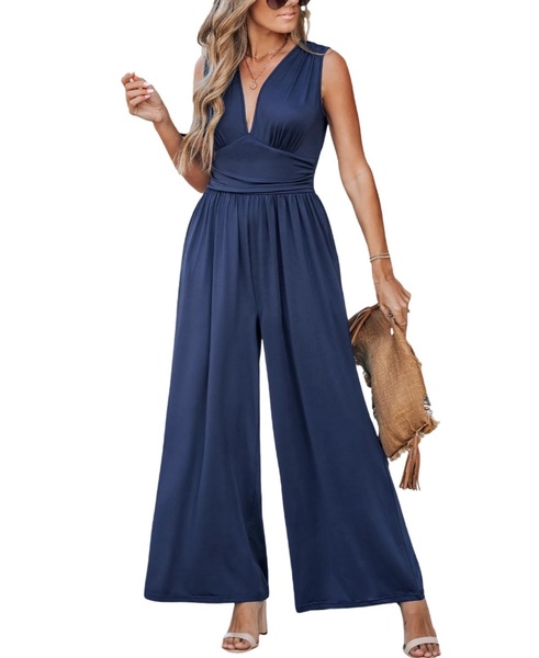 Women's Plunging Sleeveless Wide Leg Jumpsuit