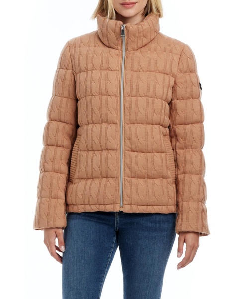 Women's Single-Breasted Cable Knit + Cire Mix Puffer Jacket