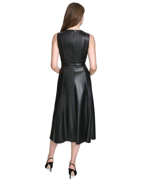 Women's Faux-Leather Belted Sleeveless Midi Dress