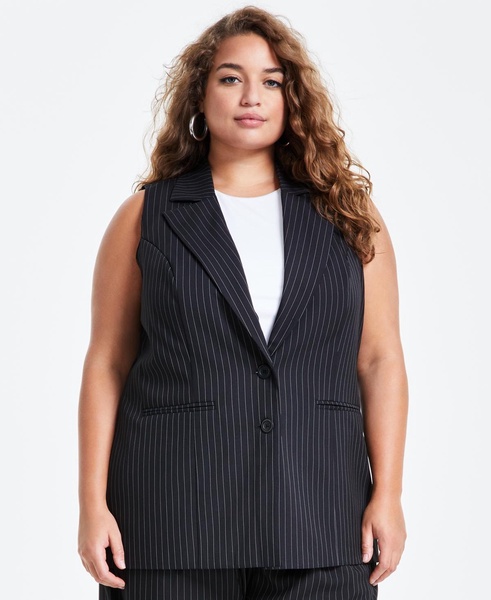 Trendy Plus Size Long Black with White Pinstriped Vest, Created for Macy's