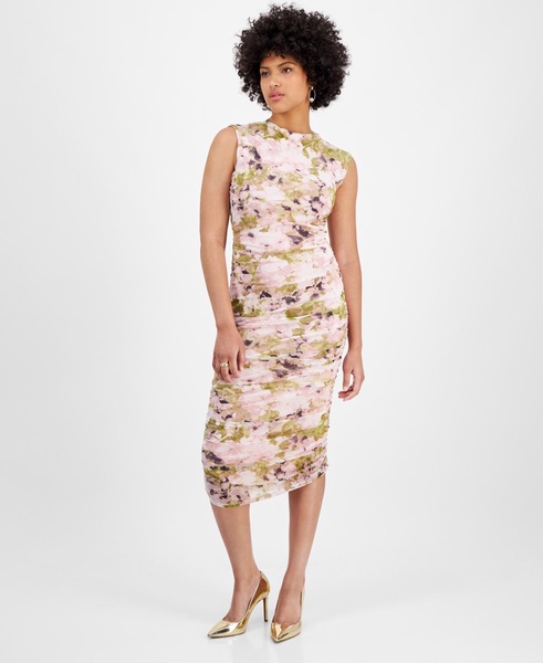 Women's Floral Mesh Ruched Sleeveless Dress, Exclusively at Macy's