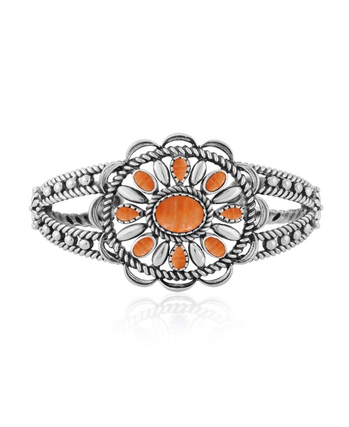 Southwestern Orange Spiny Oyster Wildflower Sterling Silver Rope Cuff Bracelet, Size Small - Large