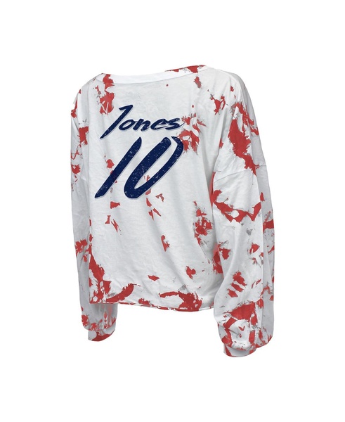 Women's Threads Mac Jones White New England Patriots Off-Shoulder Tie-Dye Name and Number Cropped Long Sleeve V-Neck T-shirt