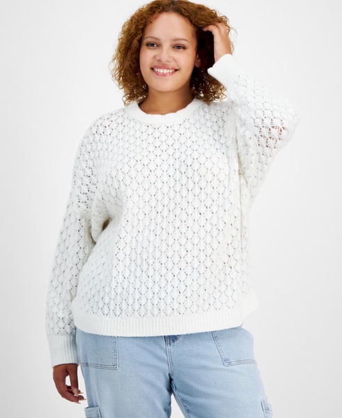 Trendy Plus Size Pointelle-Knit Long-Sleeve Sweater, Created for Macy's