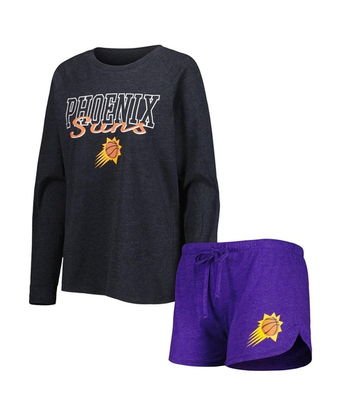 Women's Heather Black, Heather Purple Phoenix Suns Team Raglan Long Sleeve T-shirt and Shorts Sleep Set