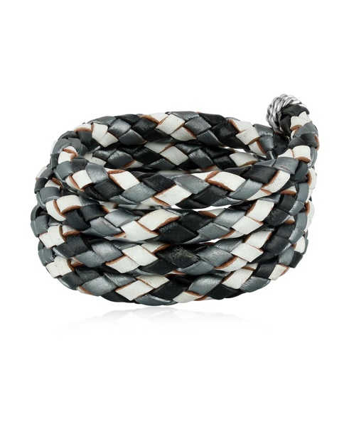 Sterling Silver Multi-Color Braided Black, White and Gray Leather Coil Wrap Bracelet, 34 Inches