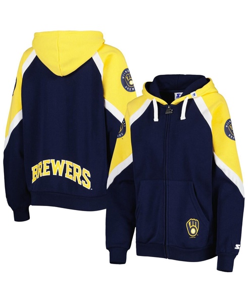 Women's Navy, Gold Milwaukee Brewers Hail Mary Full-Zip Hoodie