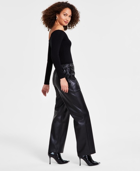 Women's Faux-Leather Belt-Waist Straight Pants, Created for Macy's