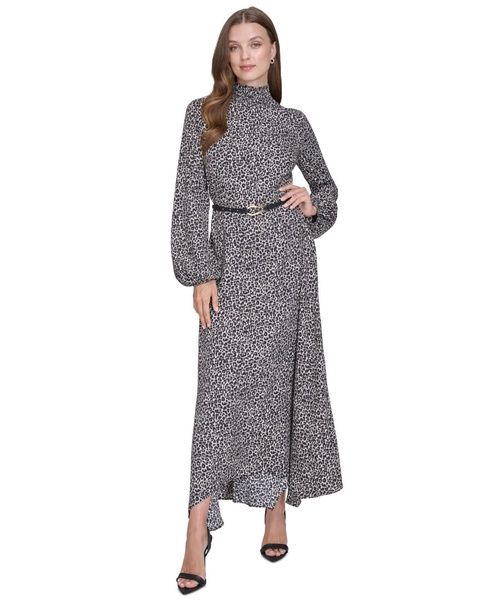 Women's Smock-Neck Long-Sleeve Belted Chiffon Dress