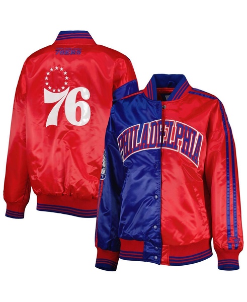 Women's Royal/Red Philadelphia 76ers Split Colorblock Satin Full-Snap Varsity Jacket