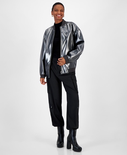 Women's Foil Faux-Leather Bomber Jacket, Created for Macy's 