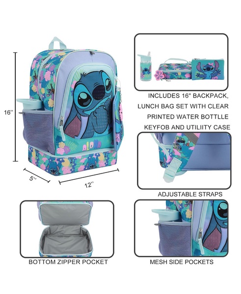 Stitch Colorful Flower Print 5-Piece Backpack Set