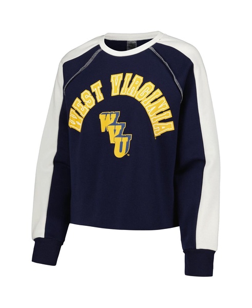 Women's Navy West Virginia Mountaineers Blindside Raglan Cropped Pullover Sweatshirt