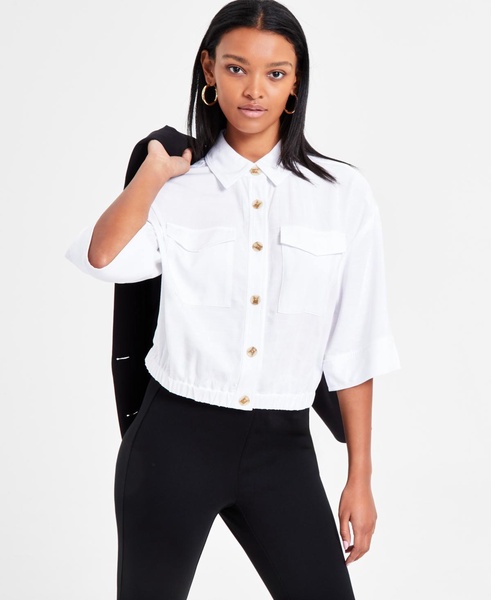 Women's 3/4-Sleeve Button-Front Crop Blouse, Exclusively at Macy's