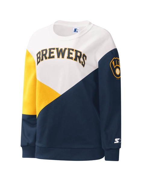 Women's White, Navy Milwaukee Brewers Shutout Pullover Sweatshirt