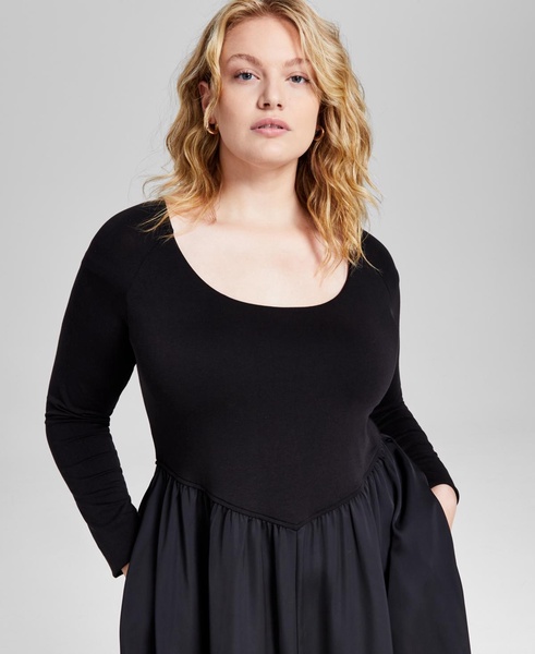 Trendy Plus Size Mixed-Media Midi Dress, Created for Macy's