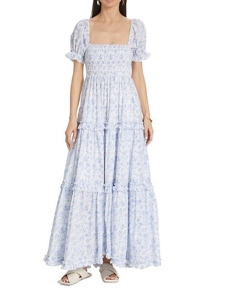 women's zuri dress, white blue camel toile maxi dress