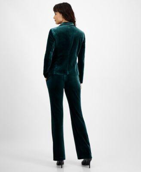 Women's Velvet One-Button Blazer, Cowlneck Rhinestone-Strap Top, & High Rise Straight-Leg Pants, Created for Macy's