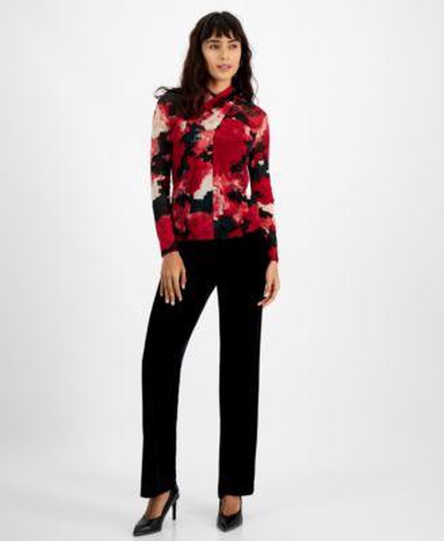 Women's Printed Twist-Neck Long-Sleeve Mesh Top & High Rise Straight-Leg Pants, Created for Macy's