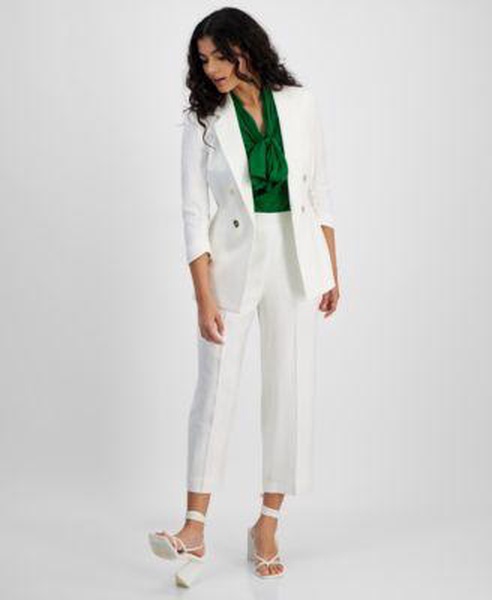 Women's Faux Double-Breasted Jacket, Satin Bow Blouse & Pull-On Pants, Created for Macy's