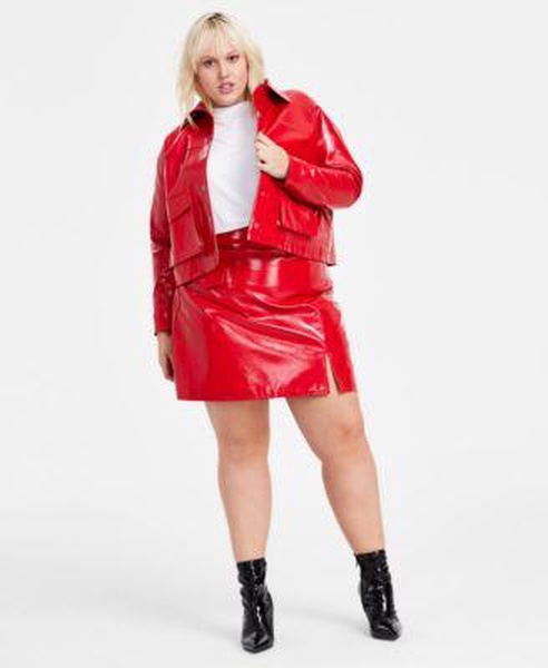 Trendy Plus Size Faux-Leather Jacket Short-Sleeve Blouson T-Shirt & Faux-Leather Mini Skirt, Created for Macy's 