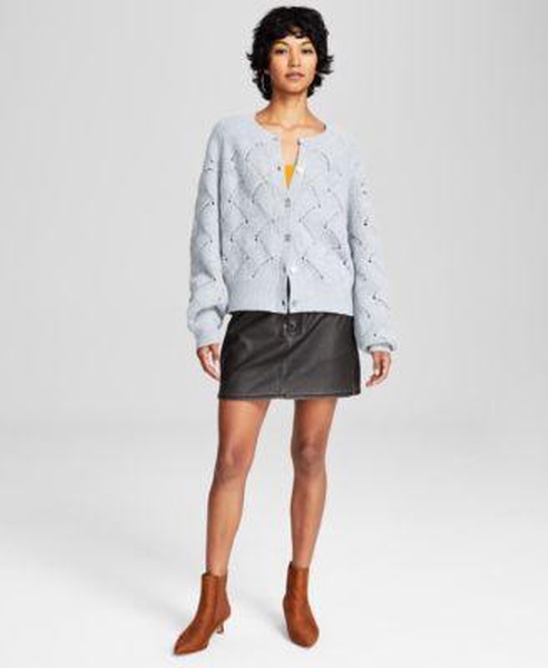 Women's Wavy-Knit Raglan-Sleeve Cardigan & Distressed Faux-Leather Mini Skirt, Created for Macy's