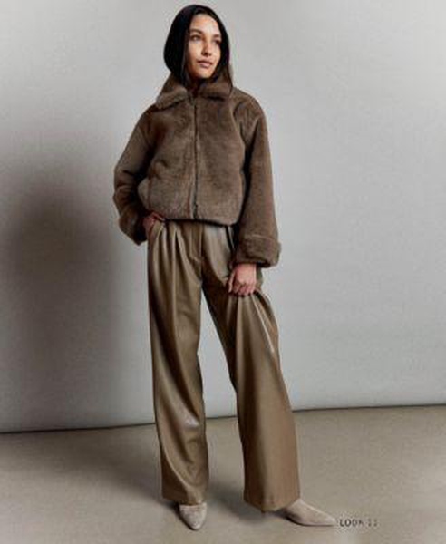 Women's Cuffed-Sleeve Faux-Fur Zip-Front Jacket & High-Rise Wide-Leg Double-Pleated Pants 