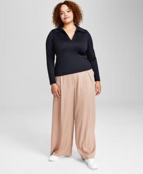 Trendy Plus Size Venus Long-Sleeve Top & Easy Wide-Leg Trousers, Created for Macy's 