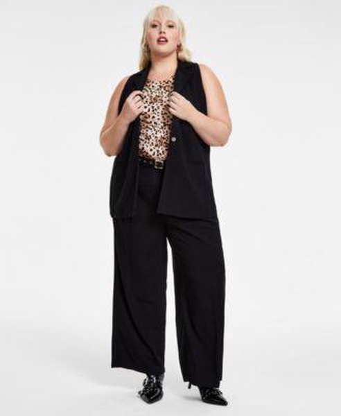 Trendy Plus Size Collared Vest, Cheetah-Print Sleeveless Jersey Top & Grommet-Belt Wide-Leg Pants, Created for Macy's	