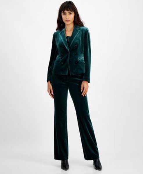 Women's Velvet One-Button Blazer, Cowlneck Rhinestone-Strap Top, & High Rise Straight-Leg Pants, Created for Macy's