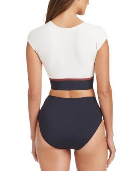 Women's Button Down Cap-Sleeve Cropped Bikini Top & High-Waisted Bottoms